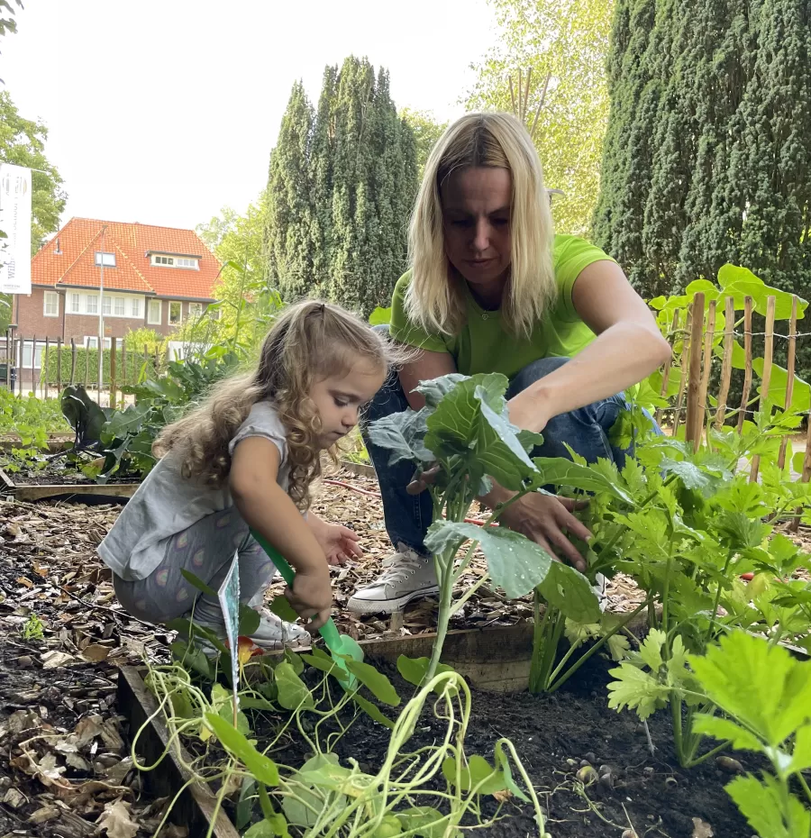 meisje met hark en pm in moestuin
